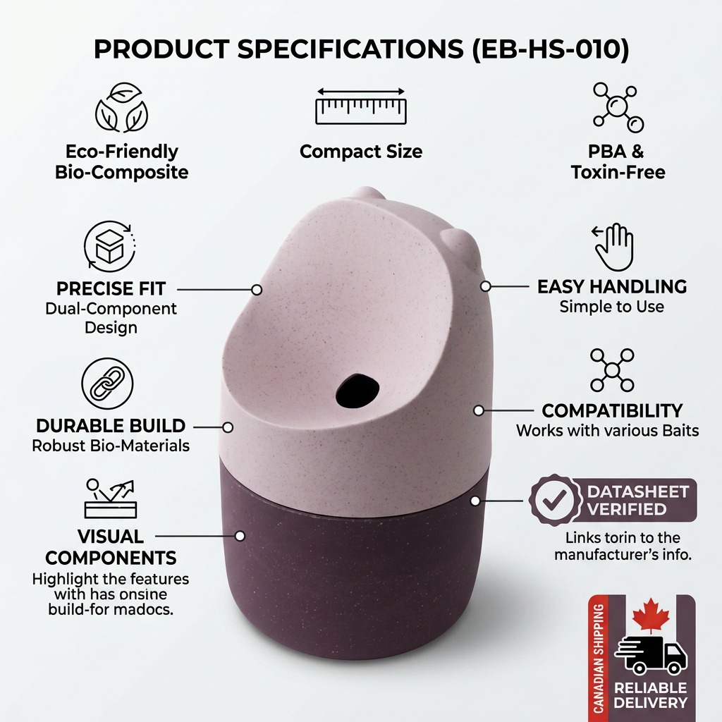 Infographic for Happy Sinks KONNA Fruit Fly Trap, highlighting bio-composite material and compact size.
