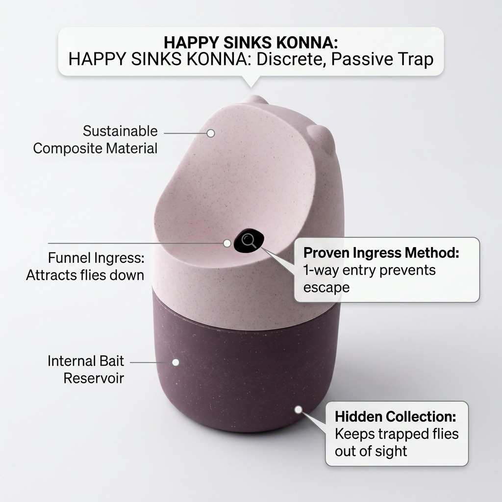 A diagram of the pink Happy Sinks KONNA Fruit Fly Trap detailing its composite material and 1-way entry.