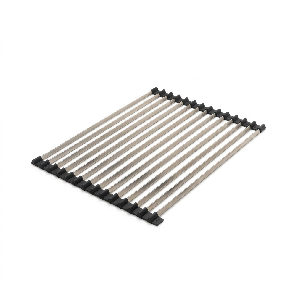 A high-resolution product shot of the Happy Sinks Roll-Up Dish Drying Rack with stainless steel rods.