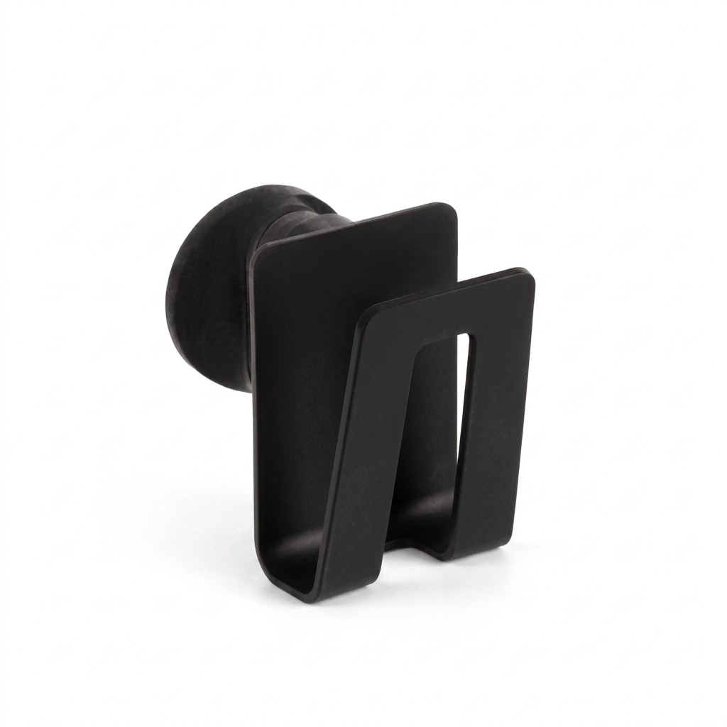 A professional front-angled product shot of the black Happy Sinks bio composite sponge holder against a pure white background.