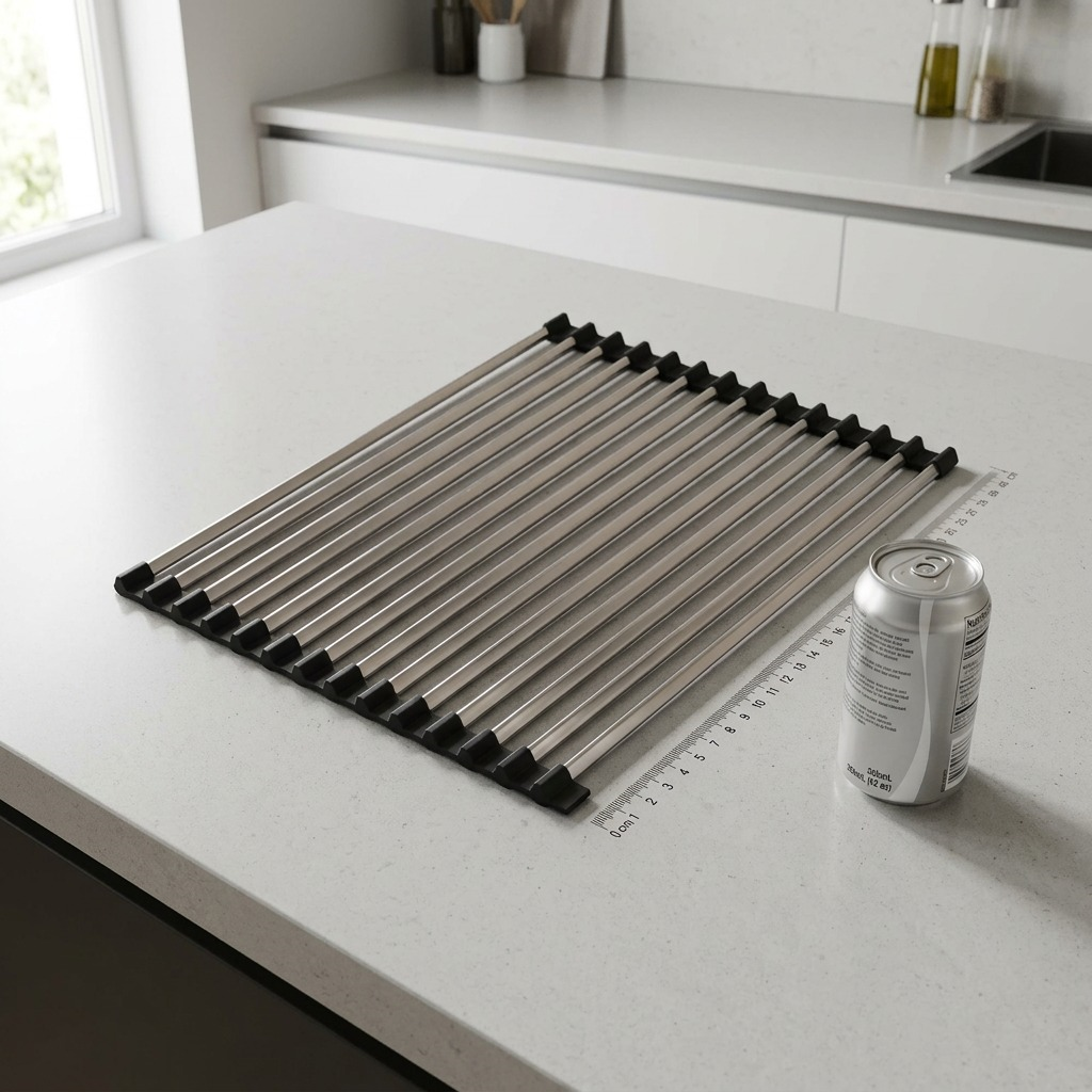 A scale-reference image showing the Happy Sinks roll-up drying rack positioned beside a standard soda can (355ml) on a clean kitchen countertop. The metallic rods and black silicone components are clearly visible, illustrating the 46x32 cm size against a familiar object. The background is a slightly blurred, modern kitchen. Natural light.