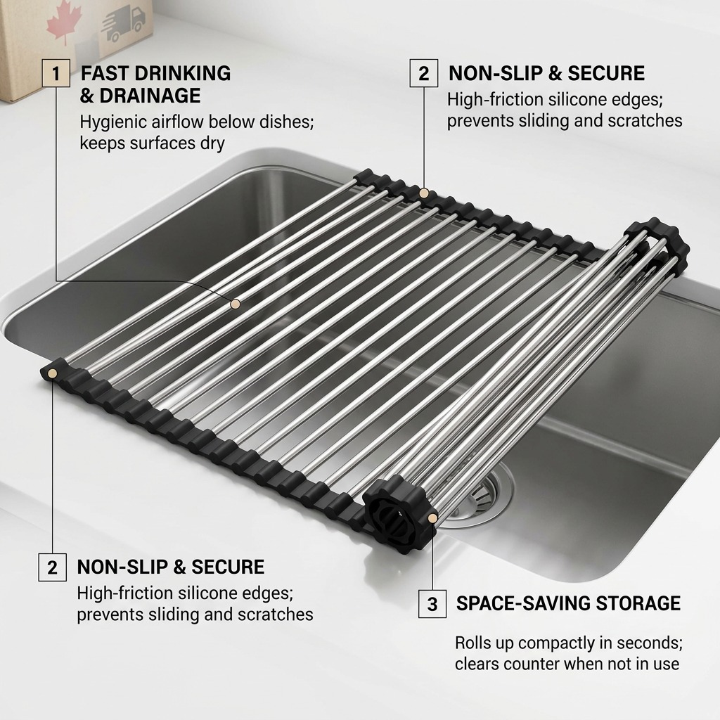 Feature graphic of Happy Sinks roll-up rack showing its space-saving and non-slip capabilities.