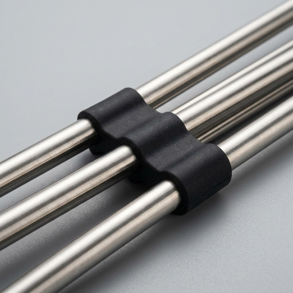 An extreme close-up view of the join where steel rods fit into the black silicone end pieces, showing material textures.