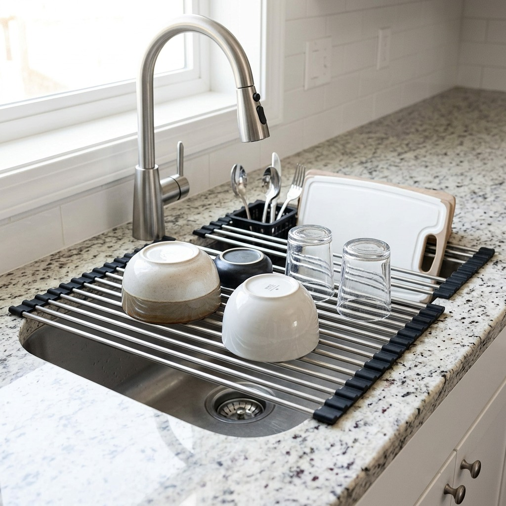 Lifestyle image showing the Happy Sinks drying rack across an in-counter sink, holding freshly washed items.