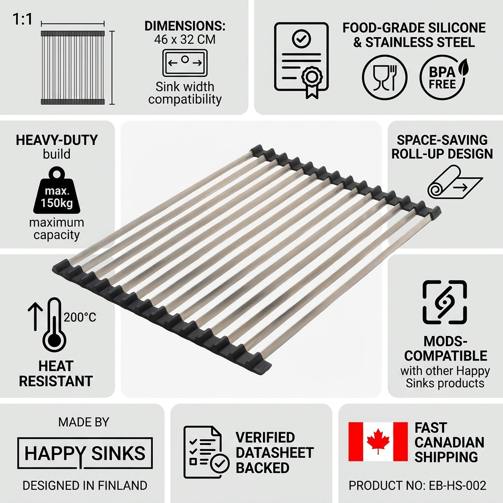 A trust and authority infographic for the Happy Sinks Roll-Up Dish Drying Rack with factual cues.