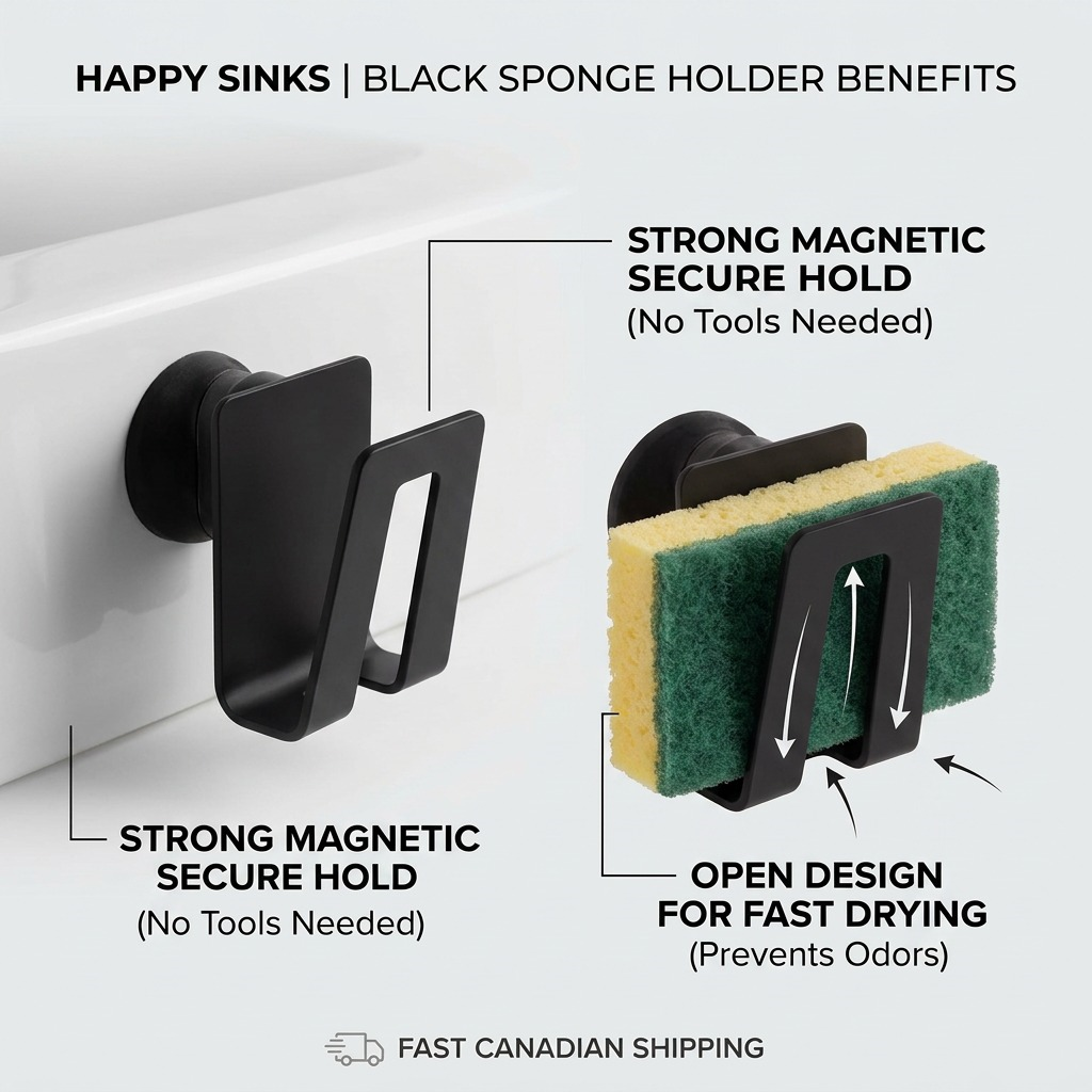 Feature callout graphic of the Happy Sinks Black Sponge Holder (MPN: EB-HS-014), highlighting its two-piece design with magnetic attachment to the sink. Callouts show 'Strong Magnetic Secure Hold' and 'Open Design for Fast Drying', showcasing operational benefits through simple visuals.