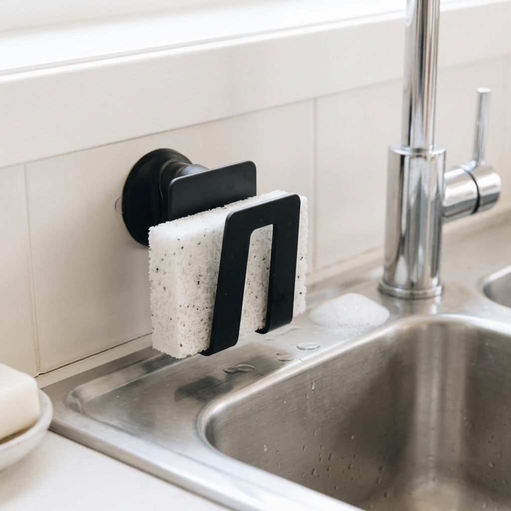 An image of the Happy Sinks Black Sponge Holder mounted in a kitchen, holding a sponge by the sink.