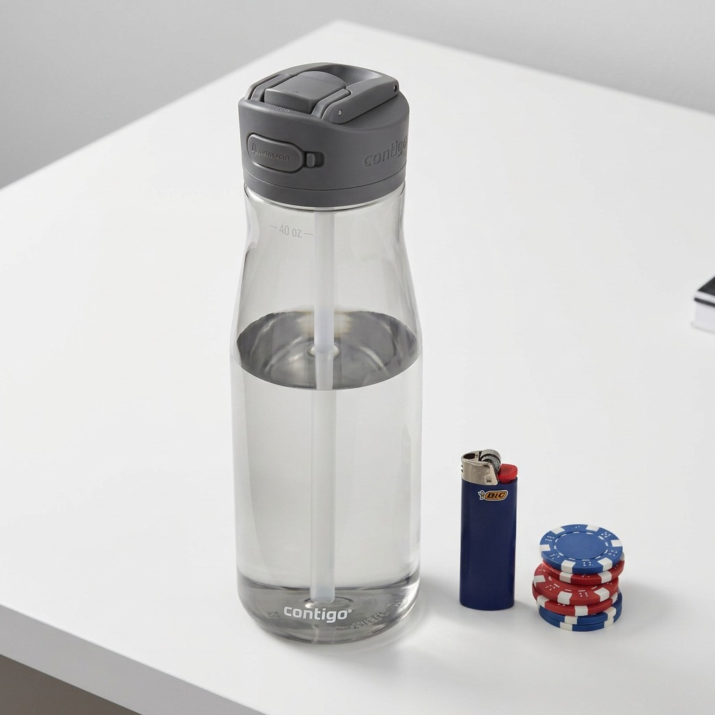 A scale reference image of the 40 oz Contigo Ashland 2.0 water bottle next to everyday objects.