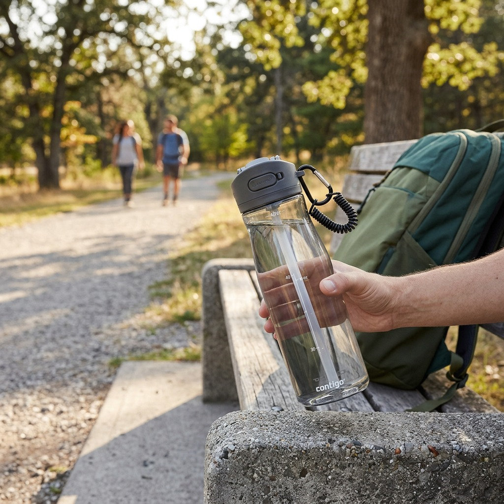 A Contigo Ashland 2.0 water bottle sits on a park bench.