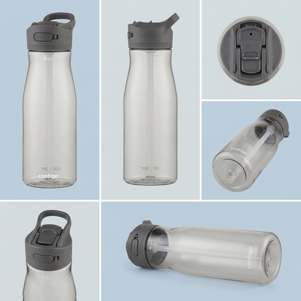A six-panel comparison grid showcasing the Contigo Ashland 2.0 water bottle from multiple precise viewing angles.
