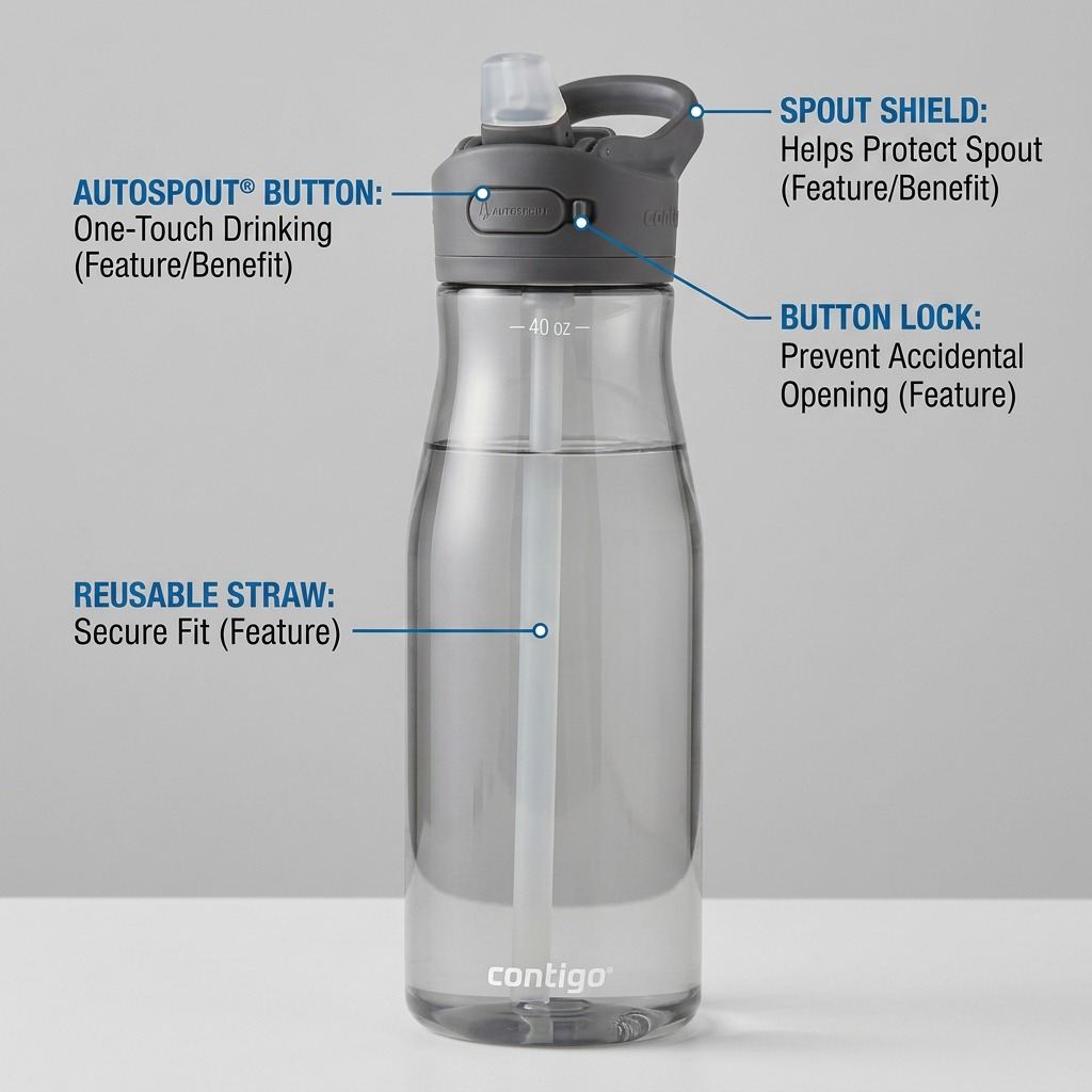 Feature graphic shows Contigo 40 oz bottle with callouts: AUTOSPOUT button, lockout, spout shield.