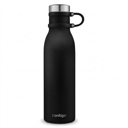High-resolution black Contigo Matterhorn 20oz water bottle on a pure white background.