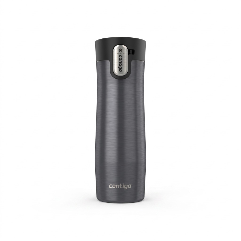 A high-resolution product photograph of the grey Contigo West Loop 3.0 vacuum-insulated travel mug, centered against a seamless pure white background, featuring realistic lighting and its AUTOSEAL lid.