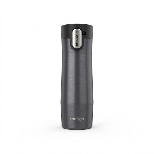 A high-resolution product photograph of the grey Contigo West Loop 3.0 vacuum-insulated travel mug, centered against a seamless pure white background, featuring realistic lighting and its AUTOSEAL lid.