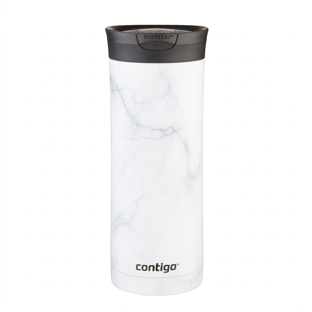 A high-resolution product shot of a 20 oz. Contigo Huron 2.0 Couture travel tumbler in a white marble design.