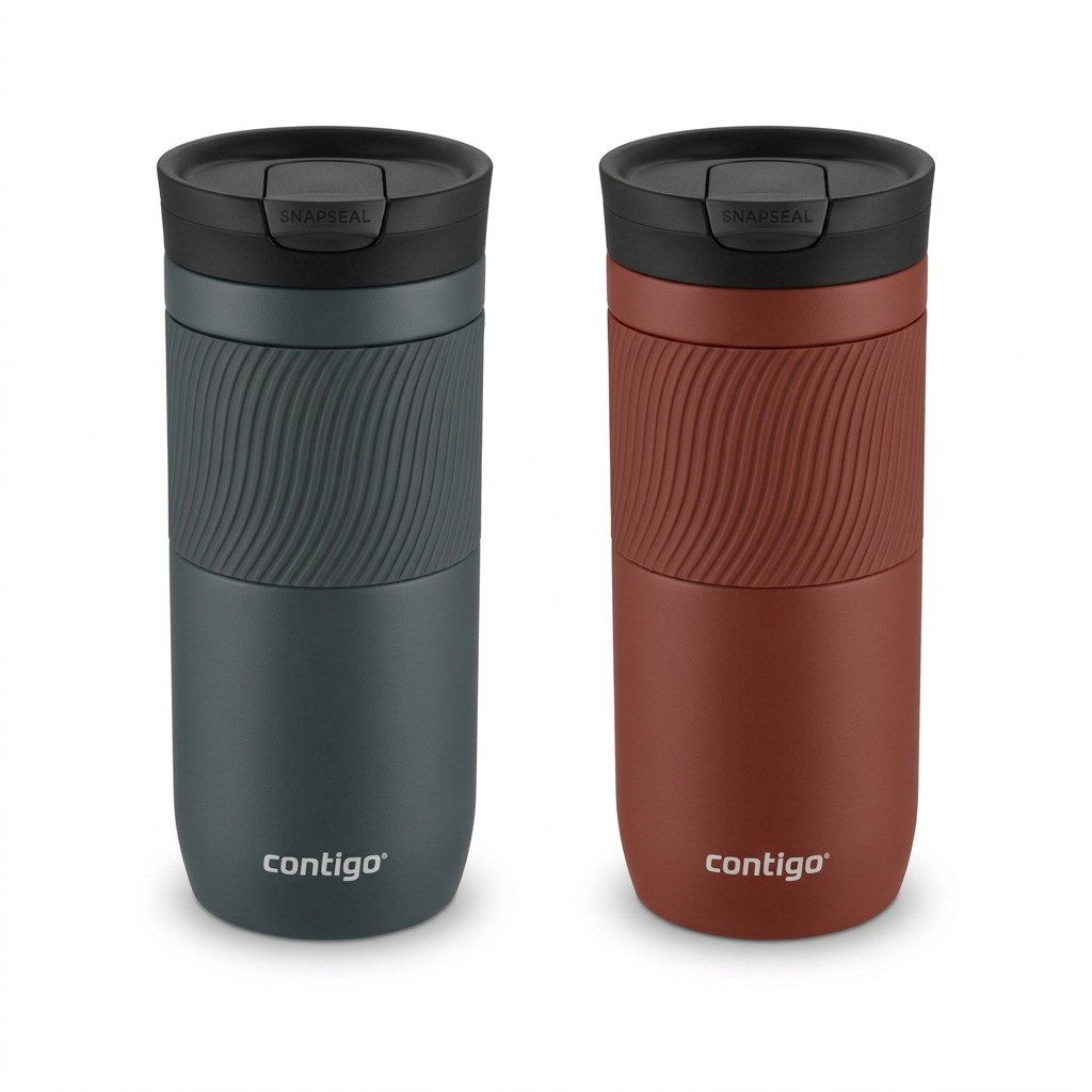 A pure high-resolution hero shot on white background, featuring the two identical Contigo Byron 2.0 16oz bottles next to each other, one dark slate and one marsala rust.