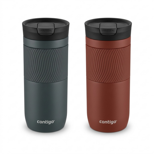 A pure high-resolution hero shot on white background, featuring the two identical Contigo Byron 2.0 16oz bottles next to each other, one dark slate and one marsala rust.