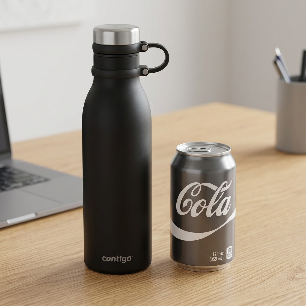 A Contigo Matterhorn 20 oz water bottle next to a standard 12 oz soda can on a wooden desk.