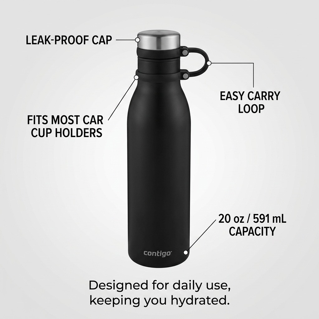 Operational features infographic of the Contigo Matterhorn 20oz Licorice with key usage callouts.