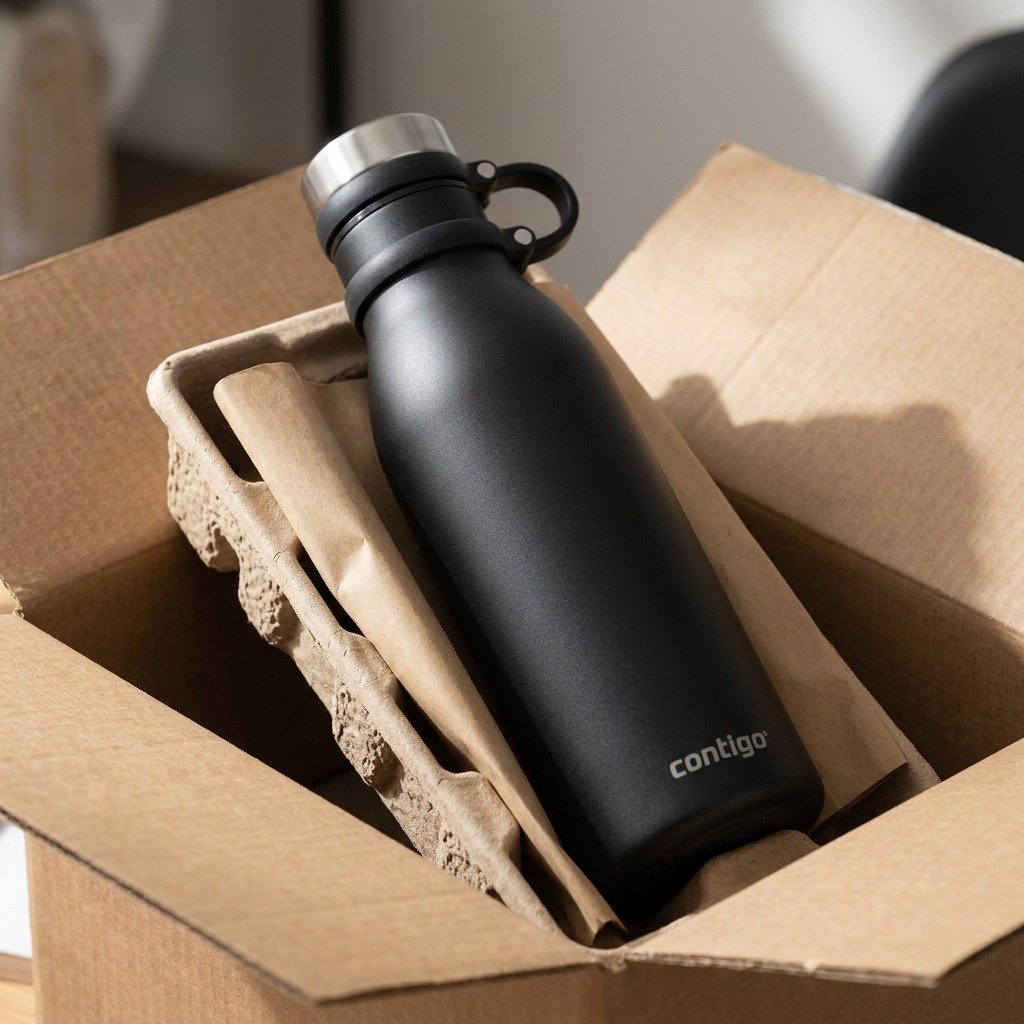 A Contigo Matterhorn water bottle in Licorice is safely nestled in protective packaging for a secure delivery unboxing.