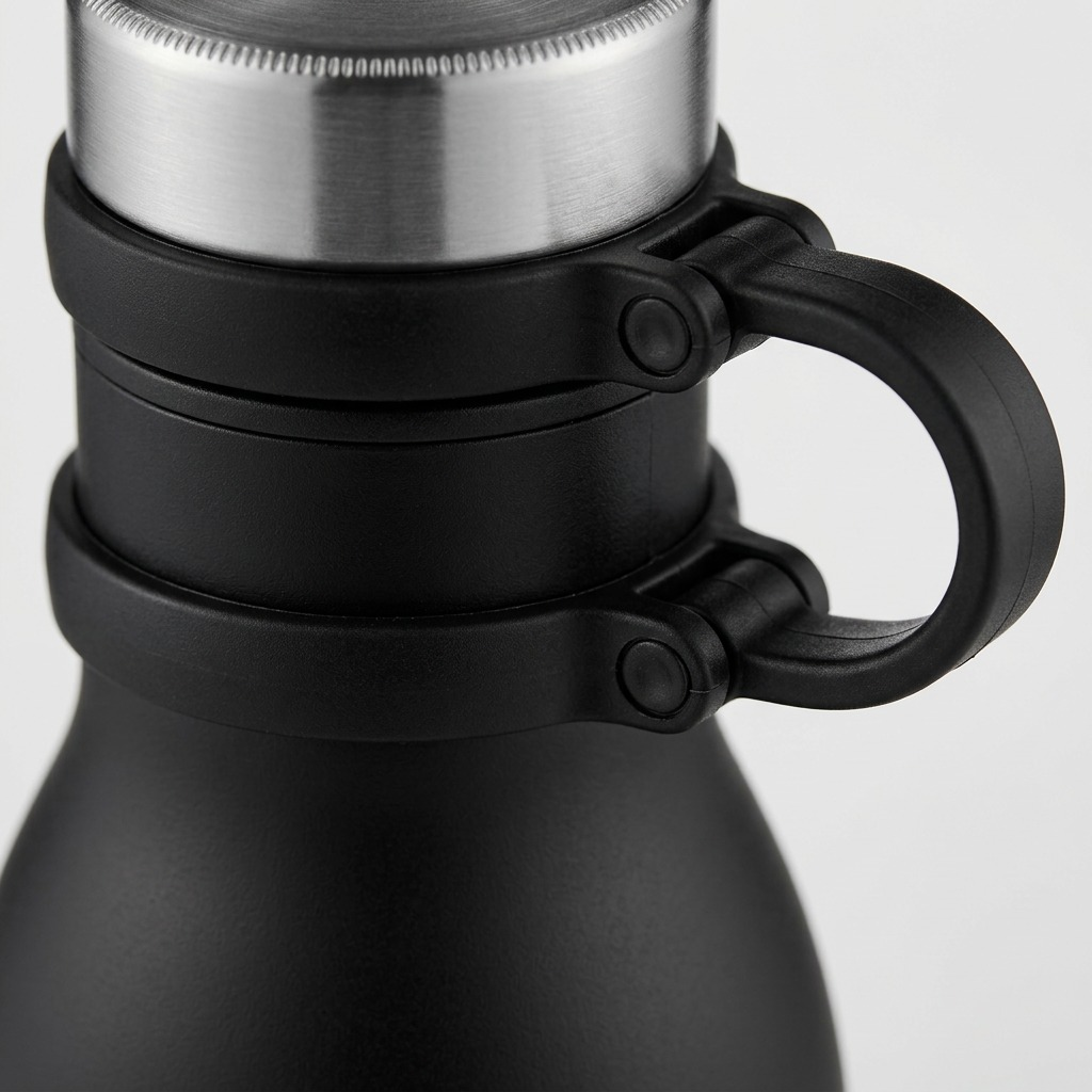 Macro detail of the Contigo Matterhorn bottle cap threads, steel finish, and black tether loop.