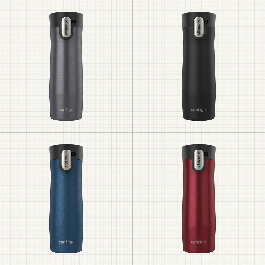 A four-way grid matrix of the Contigo 20oz West Loop 3.0 Travel Mug in several color variants.