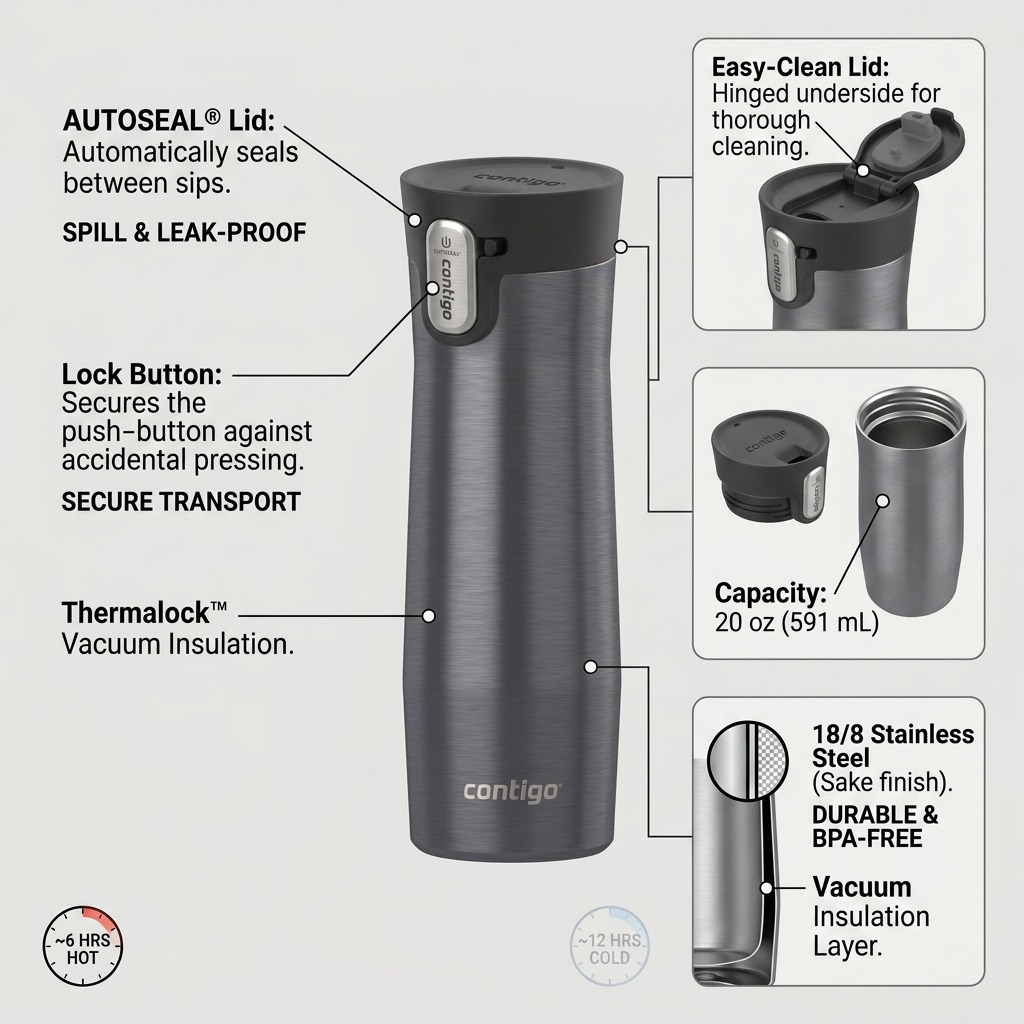 Contigo West Loop 3.0 travel mug (20 oz/591 mL) feature graphic with minimal pointers, labels, and benefit callouts for accurate operational and technical details.