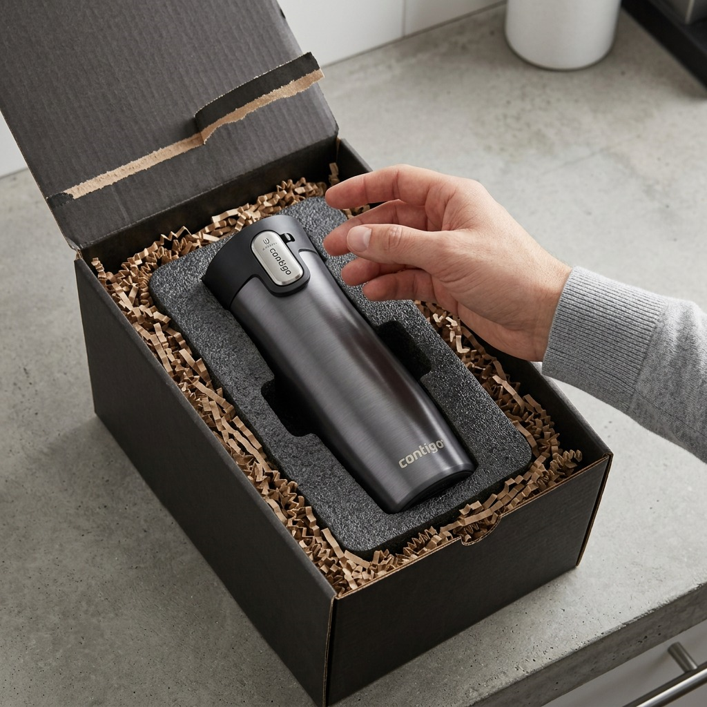 Premium shipping box containing a protected Contigo AUTOSEAL travel mug.