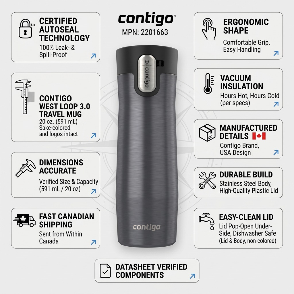 Infographic for Contigo West Loop 3.0 Travel Mug, detailing components, features, and Canadian shipping.