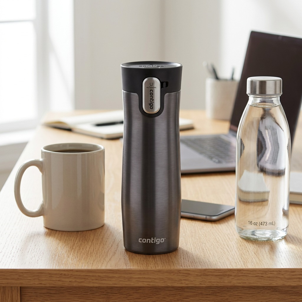 A comparison image showing the 20oz Contigo travel mug on a desk beside a coffee mug and smaller bottle for scale reference.
