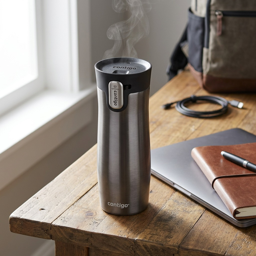 Lifestyle photo of Contigo West Loop mug on a desk with laptop, indicating work use.