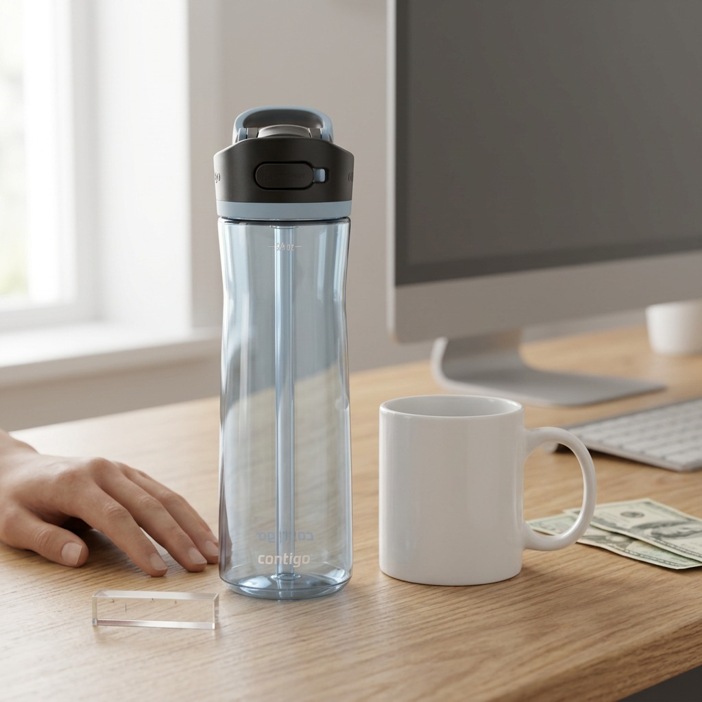 A scale-reference image of the light blue Contigo 24 oz. water bottle resting on a wooden desk. Beside it, a hand and a stack of three pennies provide a visual size context. A white wall is in the background.