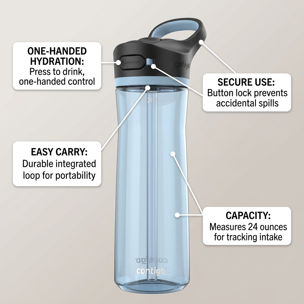 Feature callout image for the Contigo Ashland 2.0 bottle, showing push-button cap and 24oz capacity.