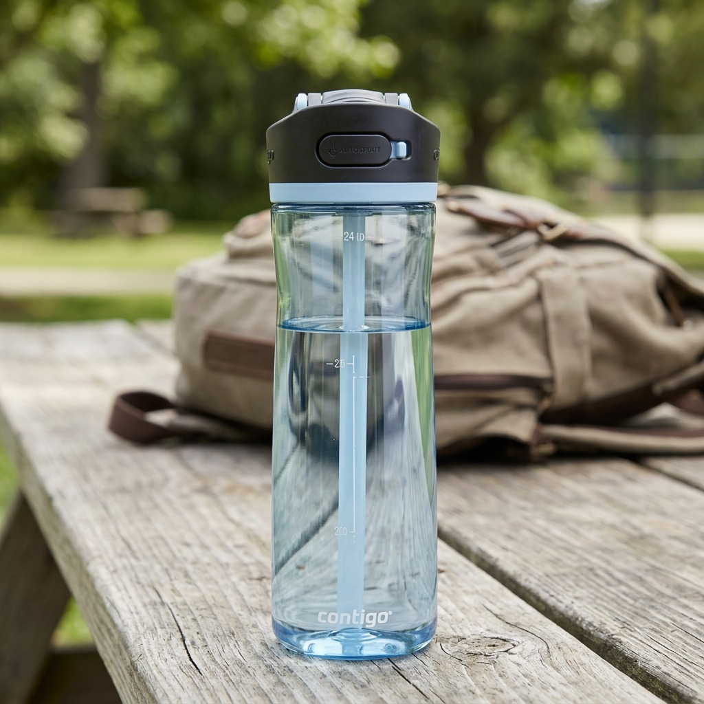 A Contigo Ashland 2.0 water bottle with water is on a wooden picnic table next to a backpack.