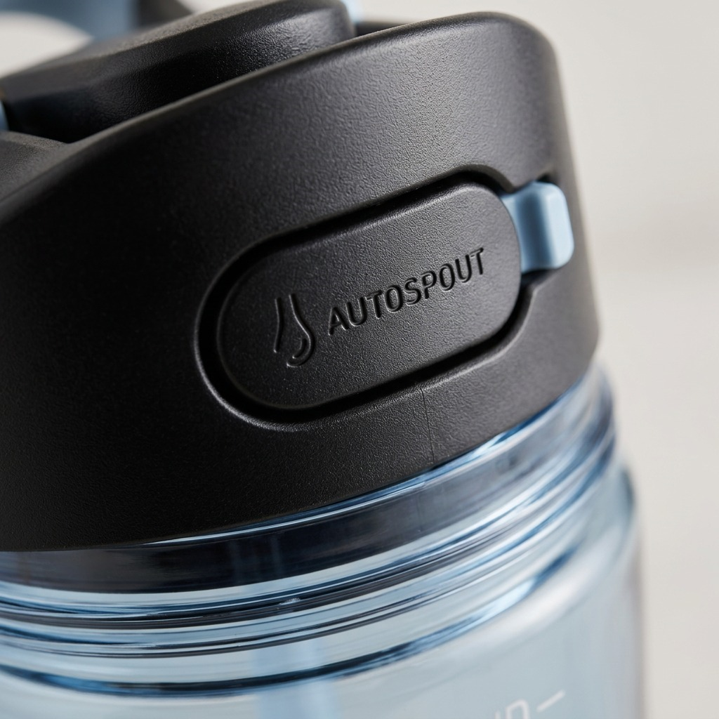 Macro shot focuses on the Contigo Autospout button texture and precise lid construction.