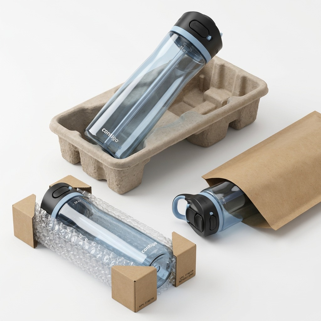 A product matrix unboxing scene with a water bottle being opened and another and in transit packaging.