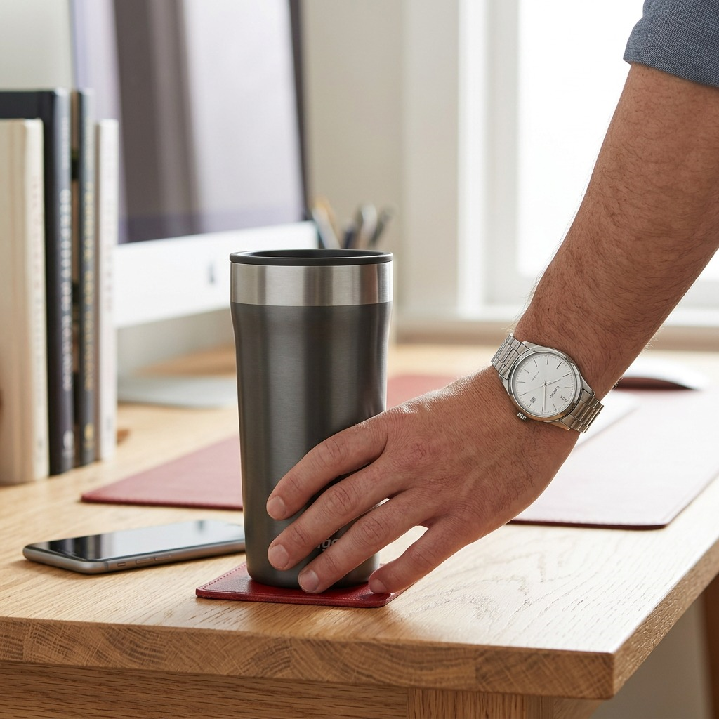 Scale reference of Contigo stainless steel tumbler on an oak desk next to a human hand and a smartphone.