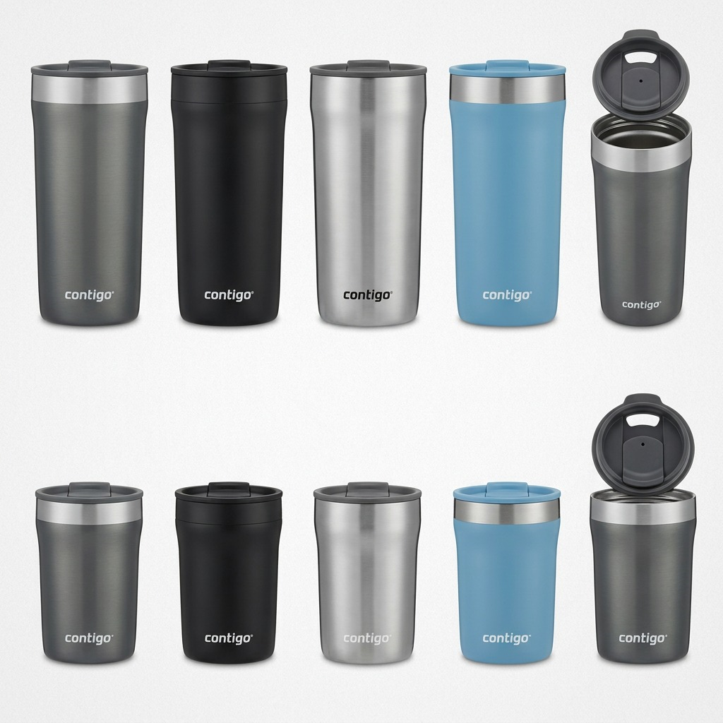 A matrix of ten stainless steel mugs in various color and size configurations on a minimalist grid background.