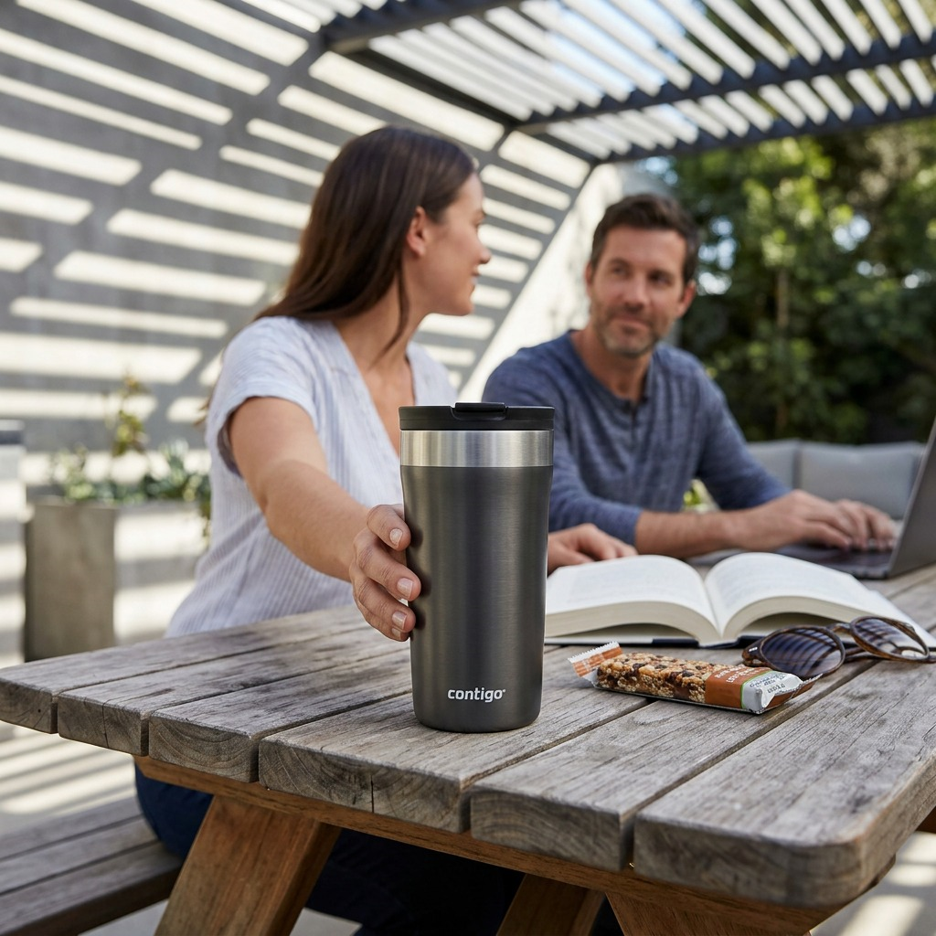 Lifestyle shot of the dark gray Contigo Streeterville 16oz tumbler, with "contigo" logo visible, on an outdoor patio.