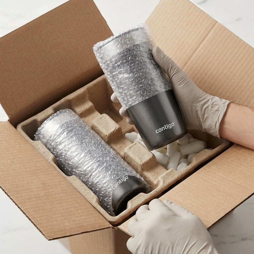 A realistic unboxing scene showing the Contigo STREETERVILLE 16OZ TUMBLER in protective packaging.