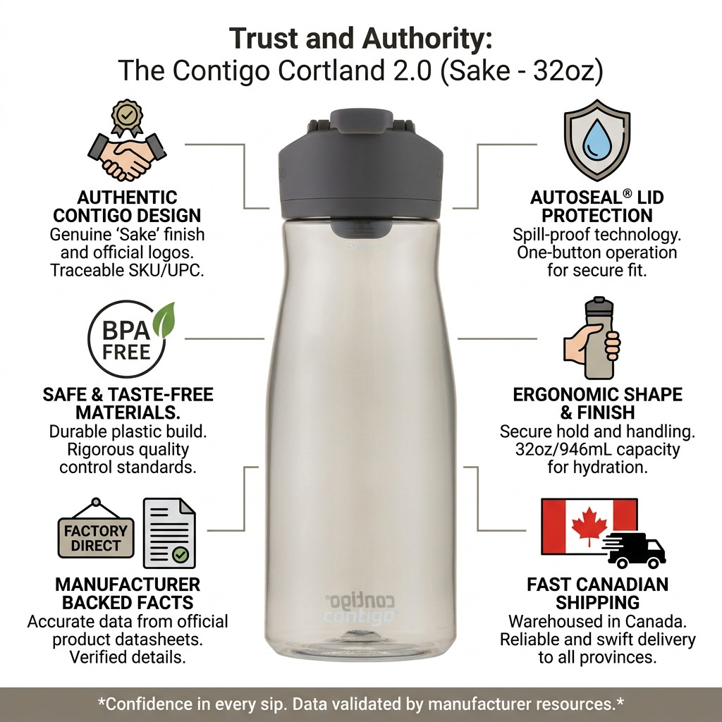 Trust & Authority infographic for Contigo Cortland 2.0 water bottle with product specs and features.