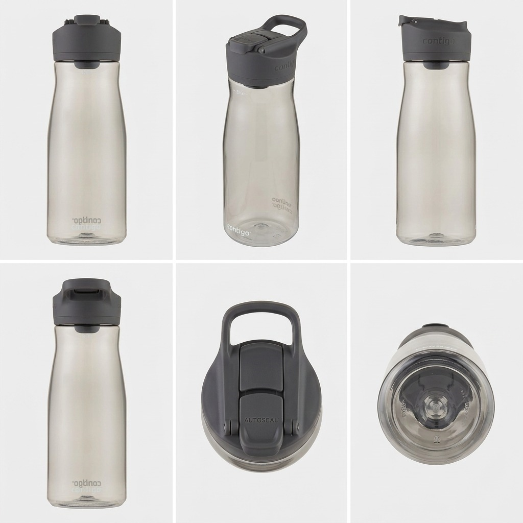 A grid showing the Contigo Cortland 2.0 water bottle from front, side, back, and top angles, with close-ups.