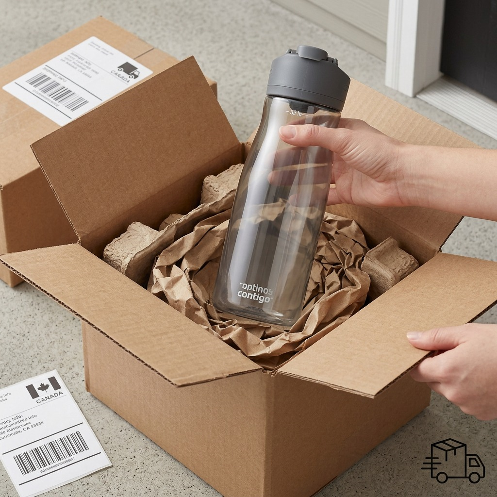 A premium unboxing scene shows a perfectly protected Contigo Cortland 2.0 water bottle being lifted from secure, recycled packaging inside a sturdy shipping box. A generic shipping label with a Canadian maple leaf graphic is clearly visible. The overall impression is one of a safe and reliable delivery.