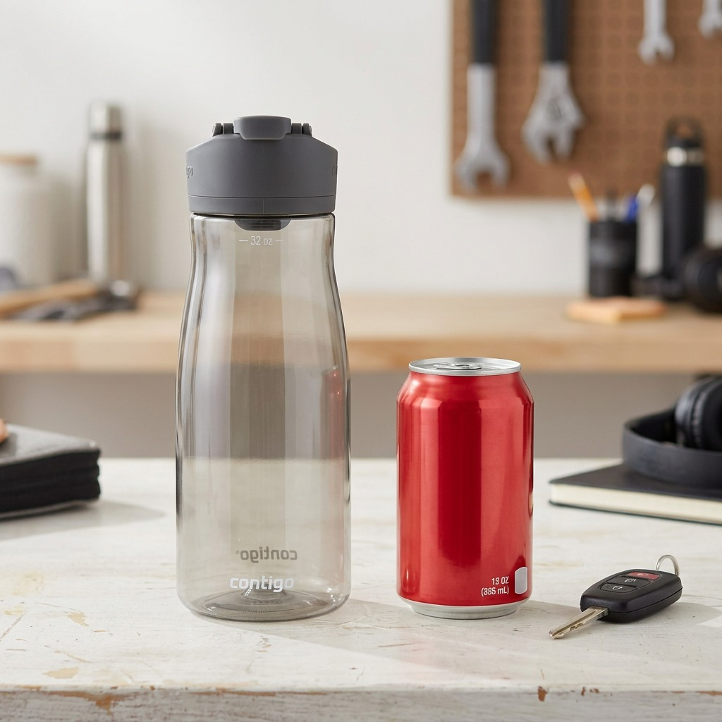 A side-by-side scale comparison: the Contigo 32 oz Cortland 2.0 water bottle standing next to a standard 12 oz aluminum soda can on a desk, highlighting the bottle's tall, wide 32 oz capacity and grey-tinted body.