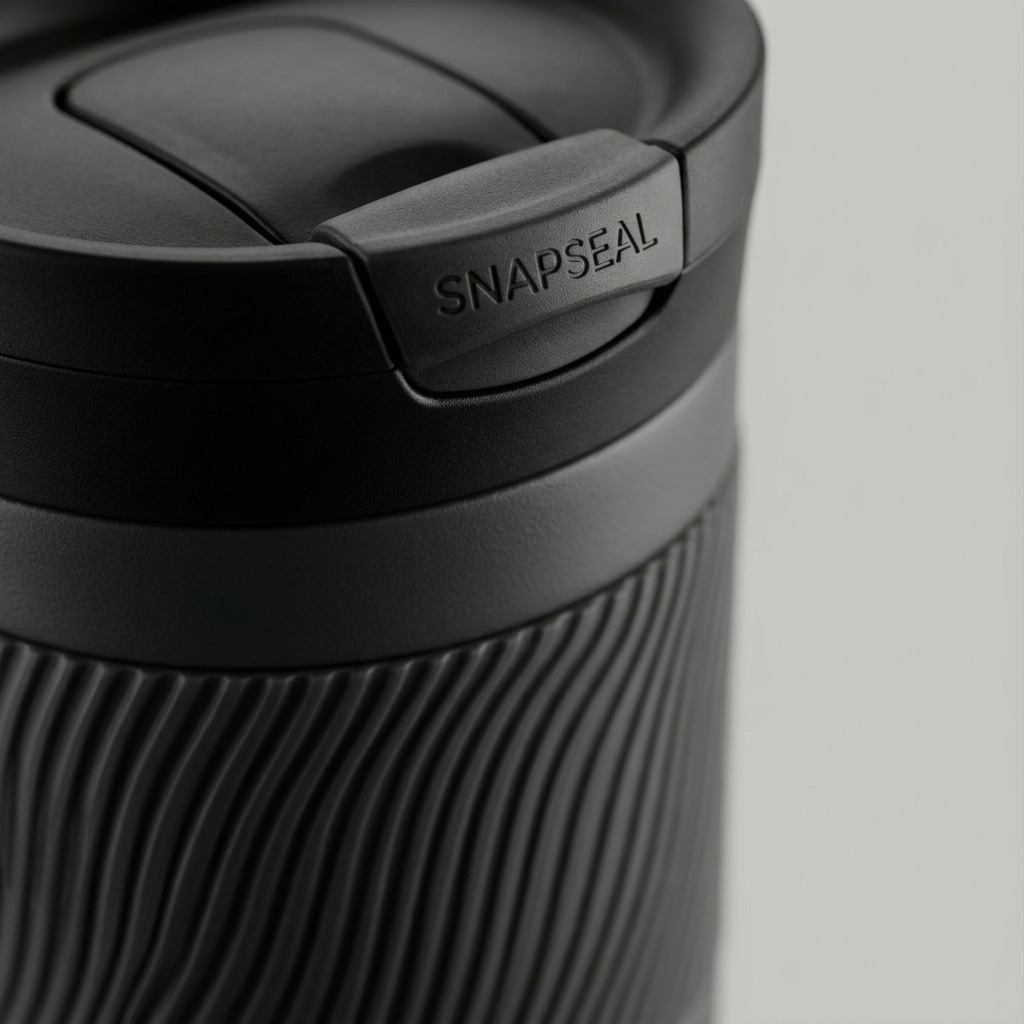 Macro close-up focusing on Contigo SNAPSEAL lid and textured rubber grip on gray tumbler.