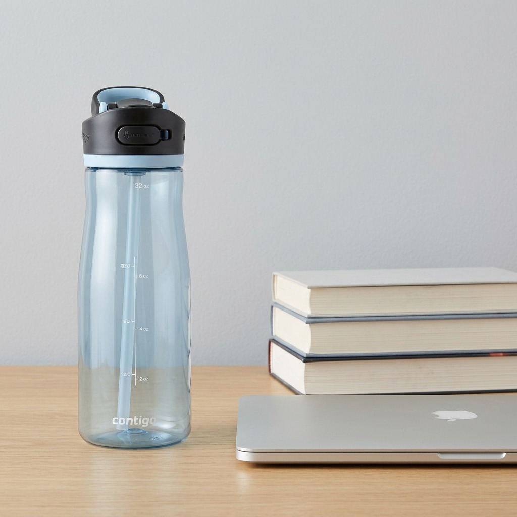 A 32oz Contigo Ashland 2.0 Glacier Water Bottle standing next to a stack of books for size comparison.