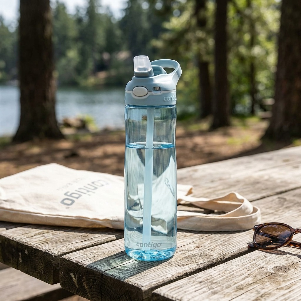 Lifestyle photograph: Contigo Ashland 2.0 water bottle on a textured wooden picnic table by a lake.