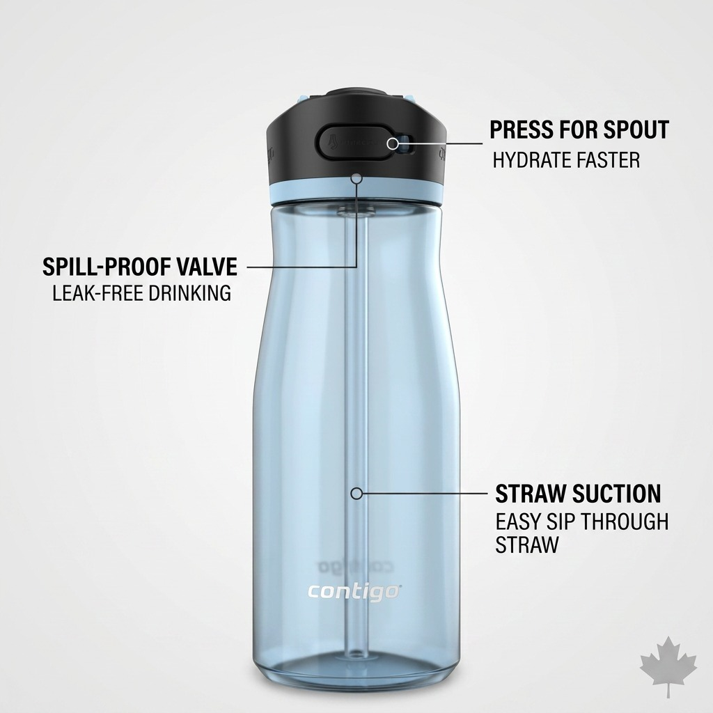 Operational feature graphic for the Contigo Ashland 2.0 Water Bottle, with callouts for spill-proof valve, straw suction, and autosput button.