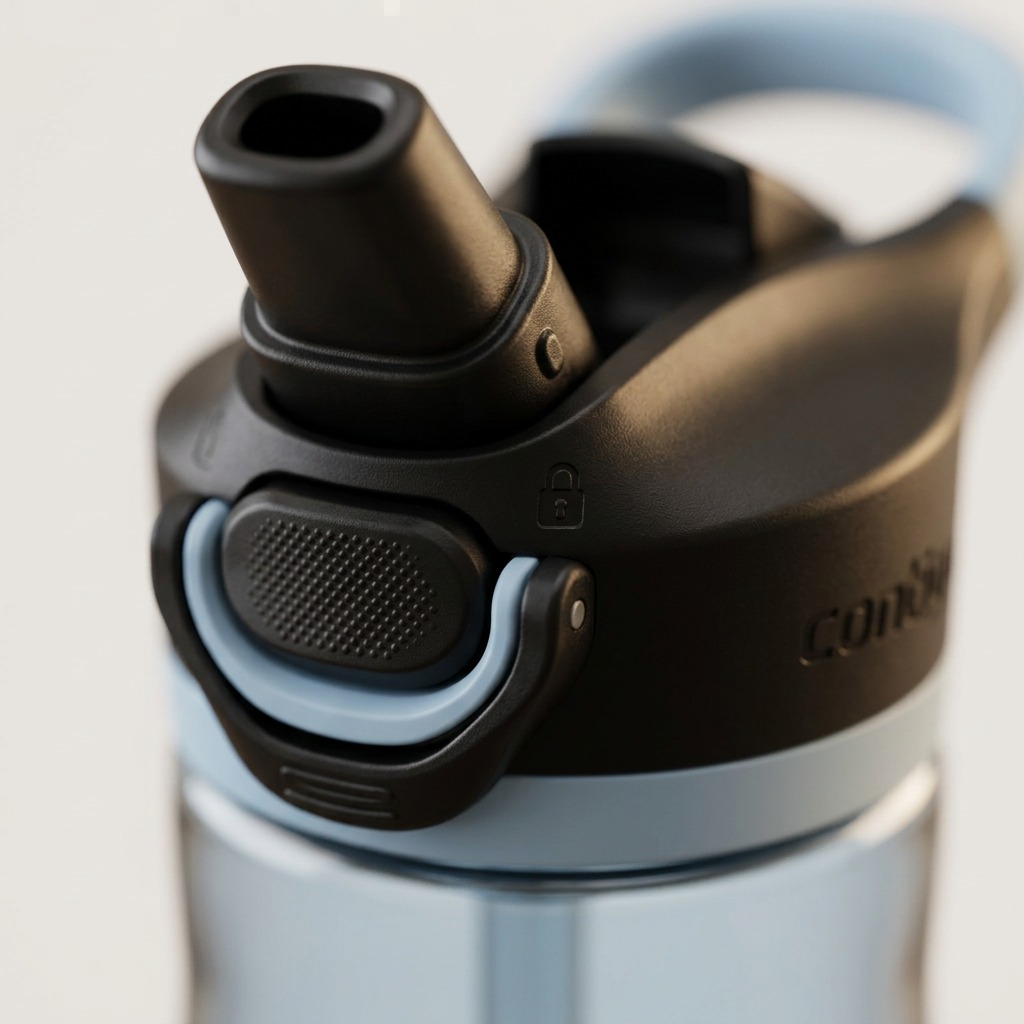 Macro detail shot focusing on the textured trigger and spout mechanism of the black Autospout lid.