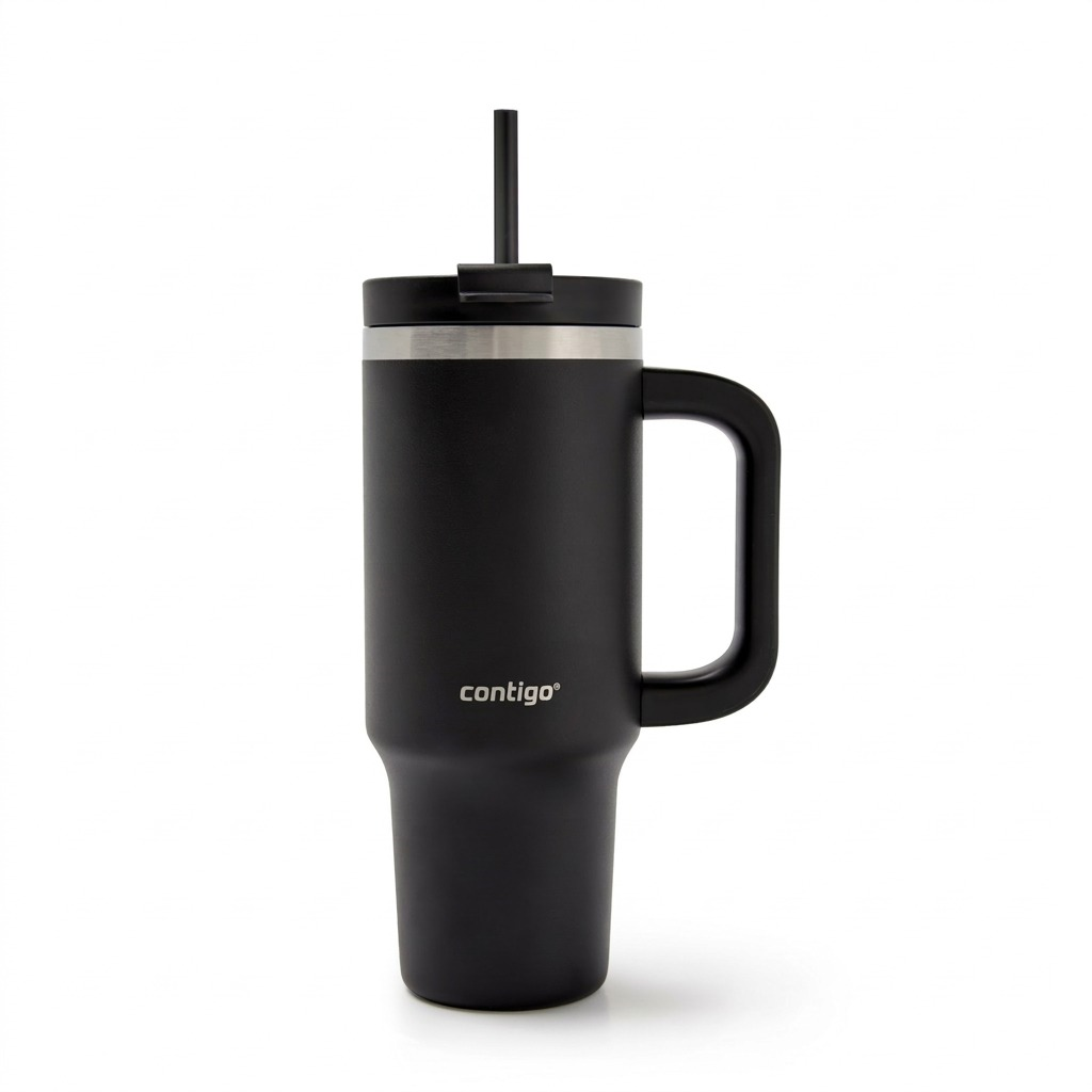 A pure, high-resolution hero shot of the Contigo Streeterville Leak-Proof Tumbler in Licorice, showing its unique shape, handl and straw.